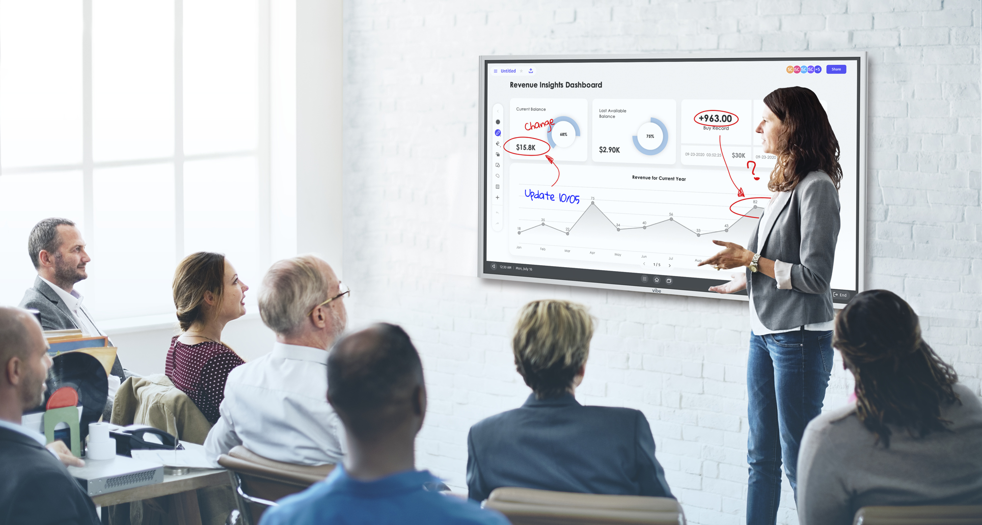 A woman gives a work presentation using a Vibe Smart Whiteboard.