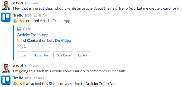 Trello's notification in Slack