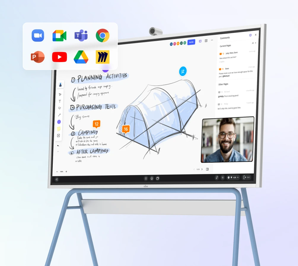 Chrome OS-powered Vibe Board S1 displays its digital canvas interface with intuitive drawing tools and app integration options visible, demonstrating its smart whiteboard functionality.