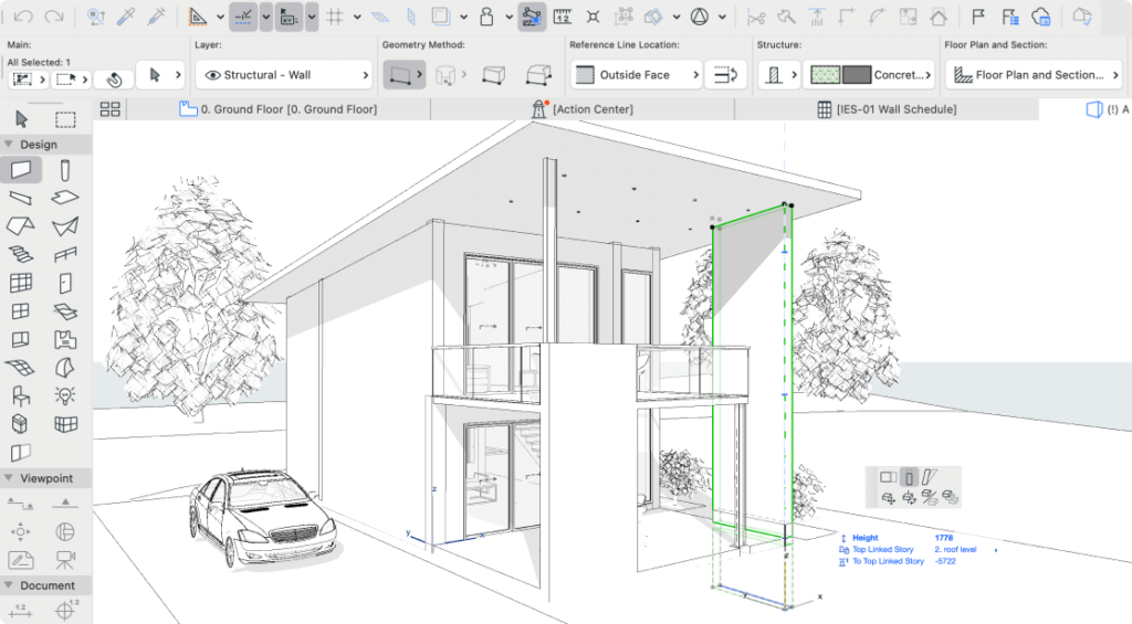 Screenshot of ArchiCAD architectural design software showing a 3D wireframe model.