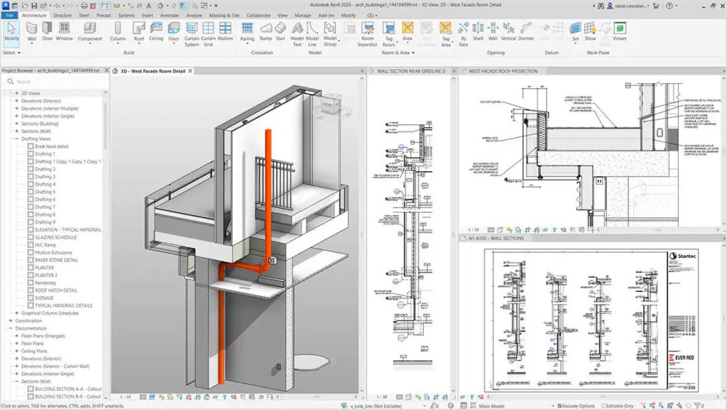 Screenshot of Autodesk Revit 2023 showing a west facade room detail project.