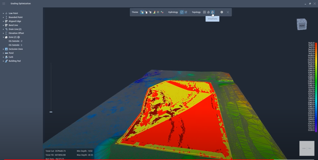 Screenshot of Civil 3D interface showing a grading optimization model with color-coded terrain analysis.
