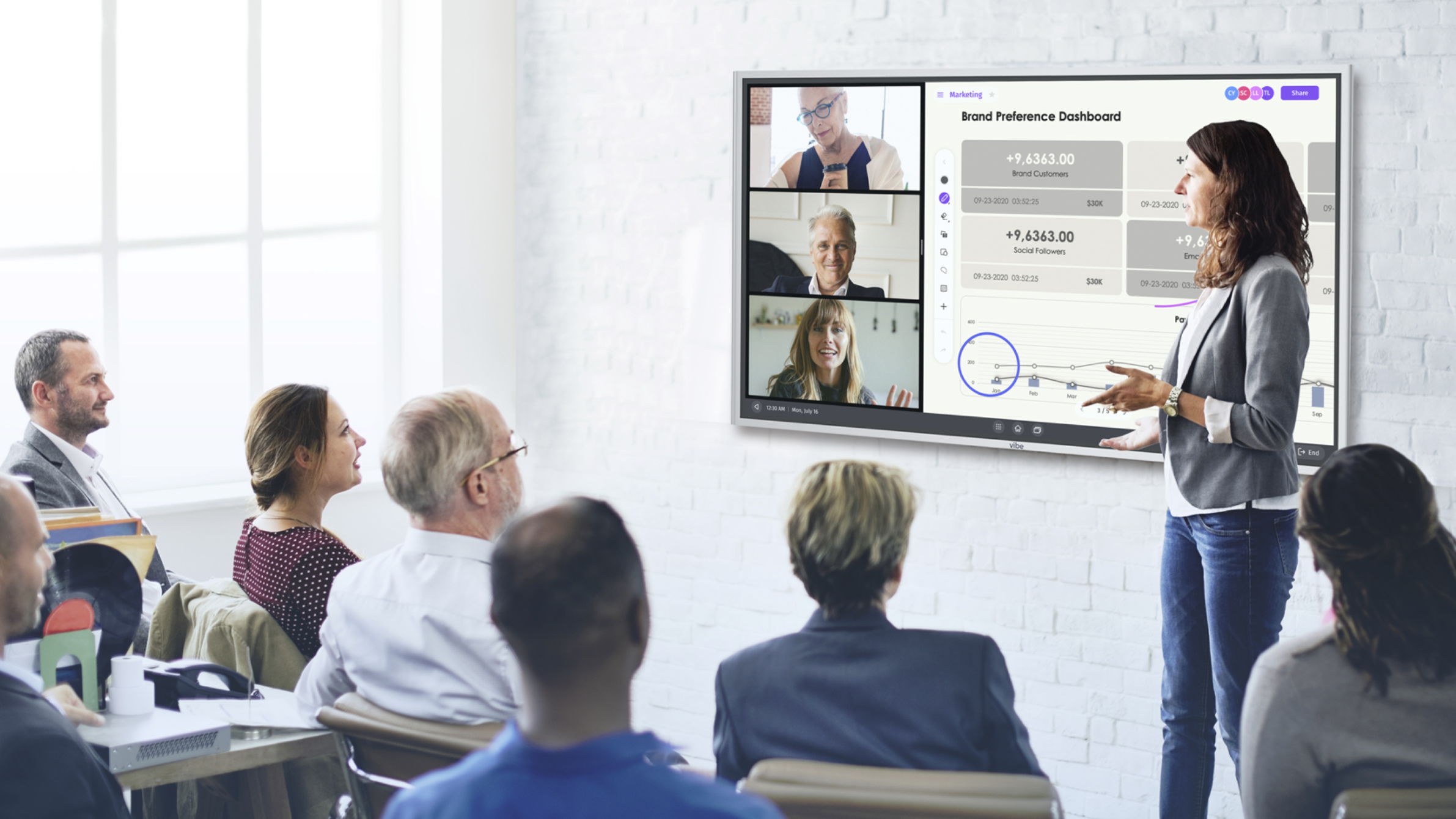 Team members actively collaborating in a virtual meeting, using Vibe collaborative whiteboard to contribute ideas and work together in real-time despite being in different physical locations.