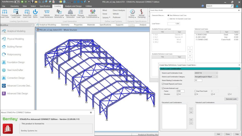 Screenshot of STAAD.Pro showing a 3D model of a blue steel-framed industrial building.