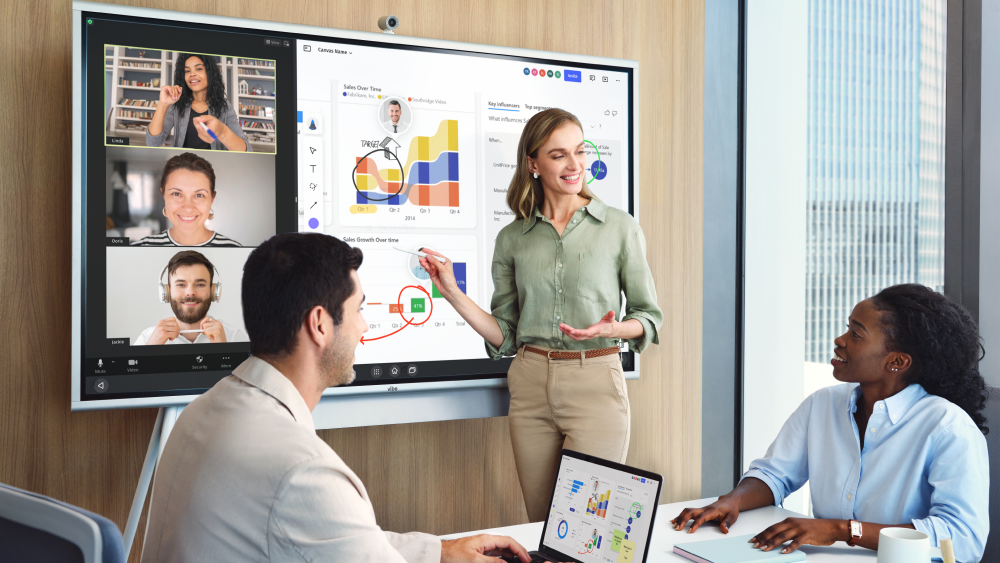 Colleagues collaborating around a Vibe smart whiteboard to engage with clients during a video meeting.